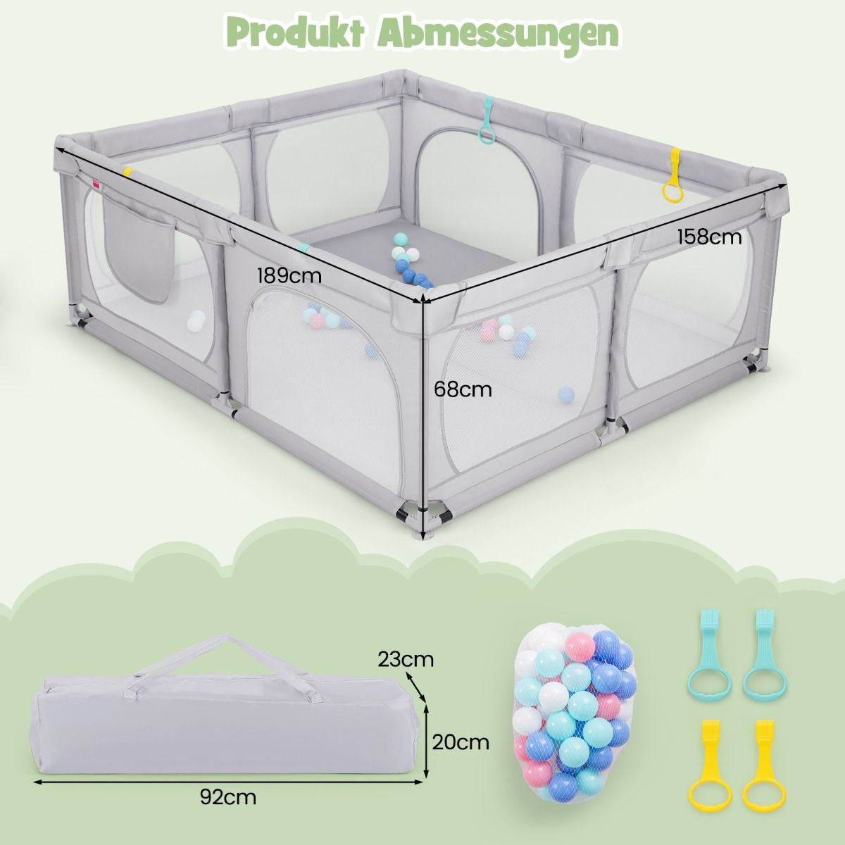 Baby-Laufgitter Mit 4 Zugringen & 50 Ozeanbällen & Atmungsaktives Mesh & Tragetasche Hellgrau