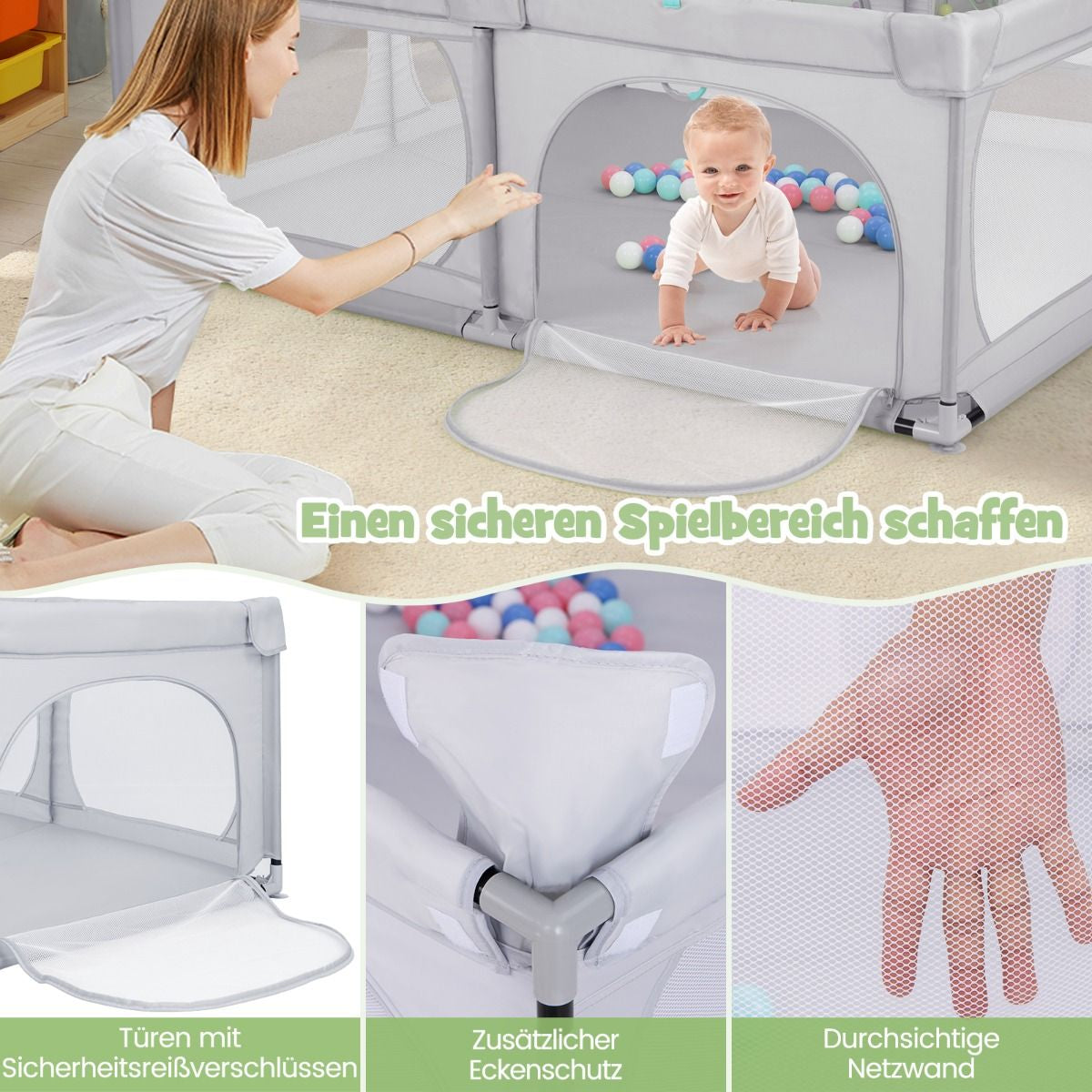 Baby-Laufgitter Mit 4 Zugringen & 50 Ozeanbällen & Atmungsaktives Mesh & Tragetasche Hellgrau